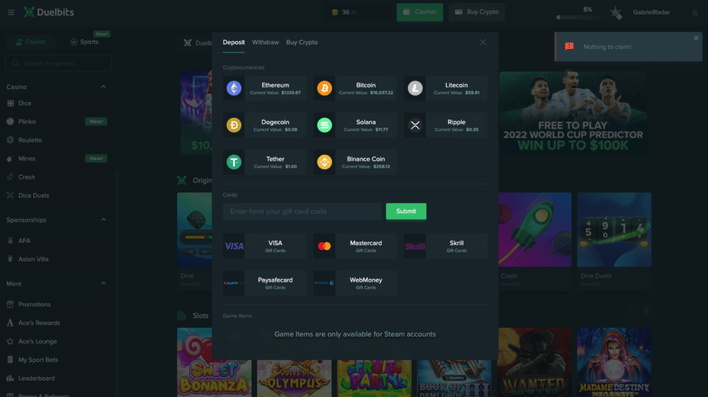 Duelbits full payment methods