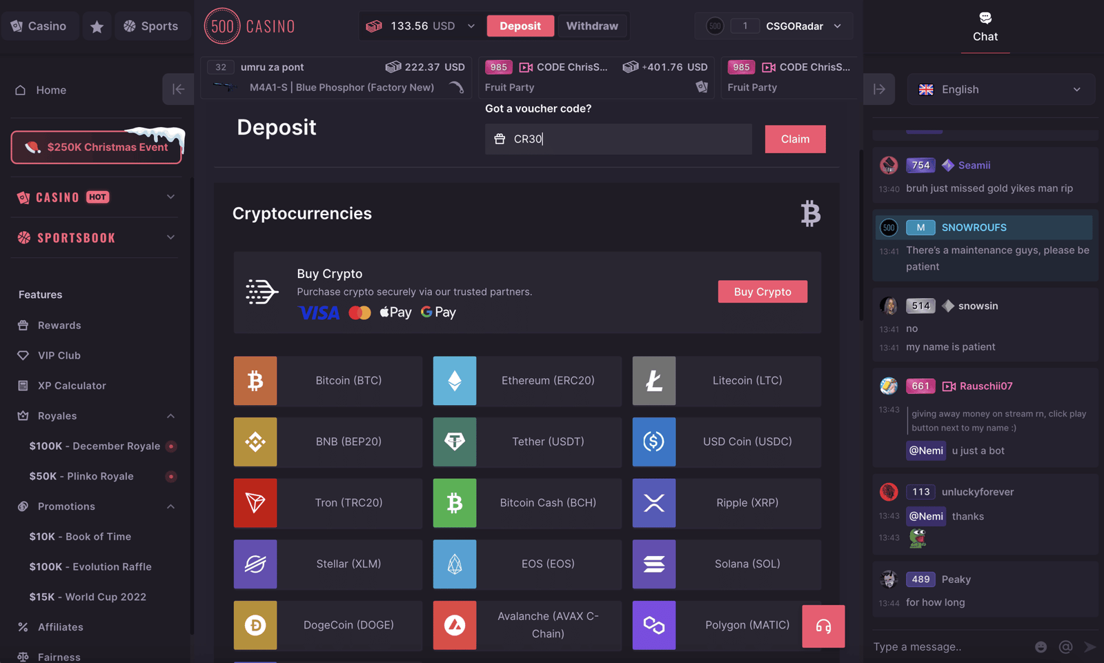 Deposit options CSGO500