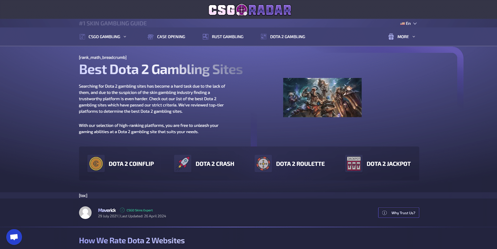 A photo of CSGO Radar website showcasing the best Dota 2 gambling sites.