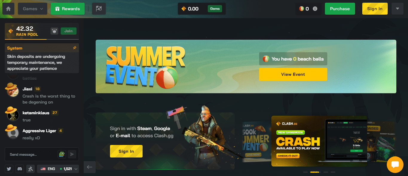 Clash.gg homepage showing featured event banner, navigation menu, and user dashboard layout