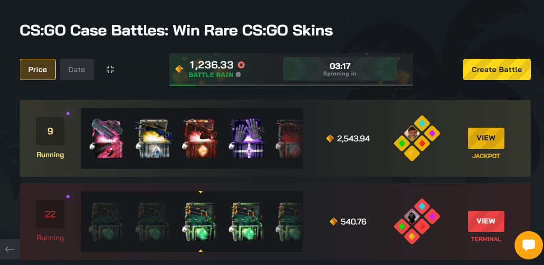  Screenshot of Clash.gg’s Case Battles page showing active matches, player pulls, and item values