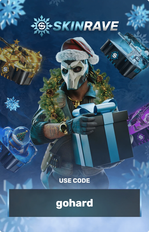 Skinrave promo code banner showing a Rust character holding a gift box and advertising code gohard