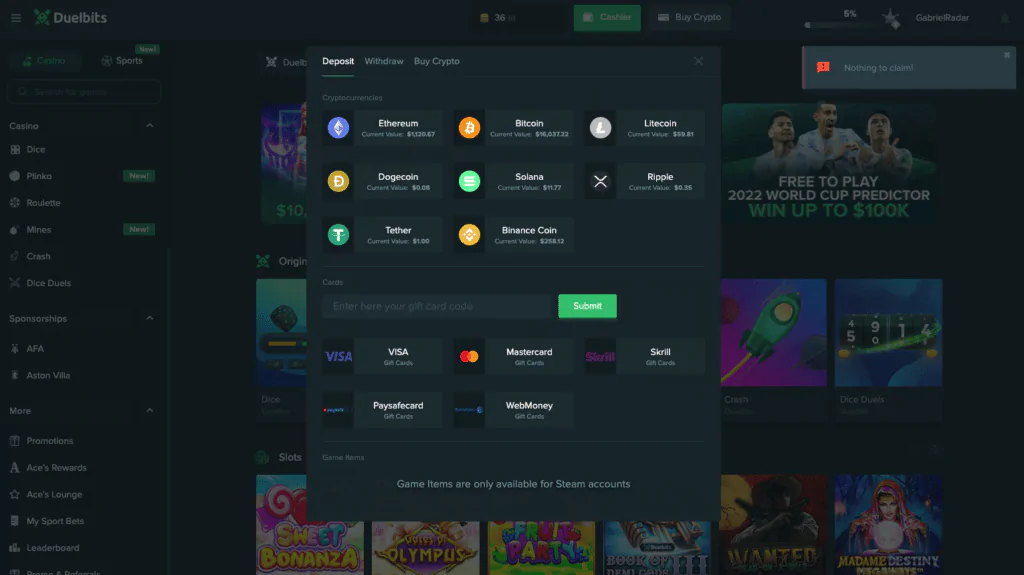 Duelbits full payment methods