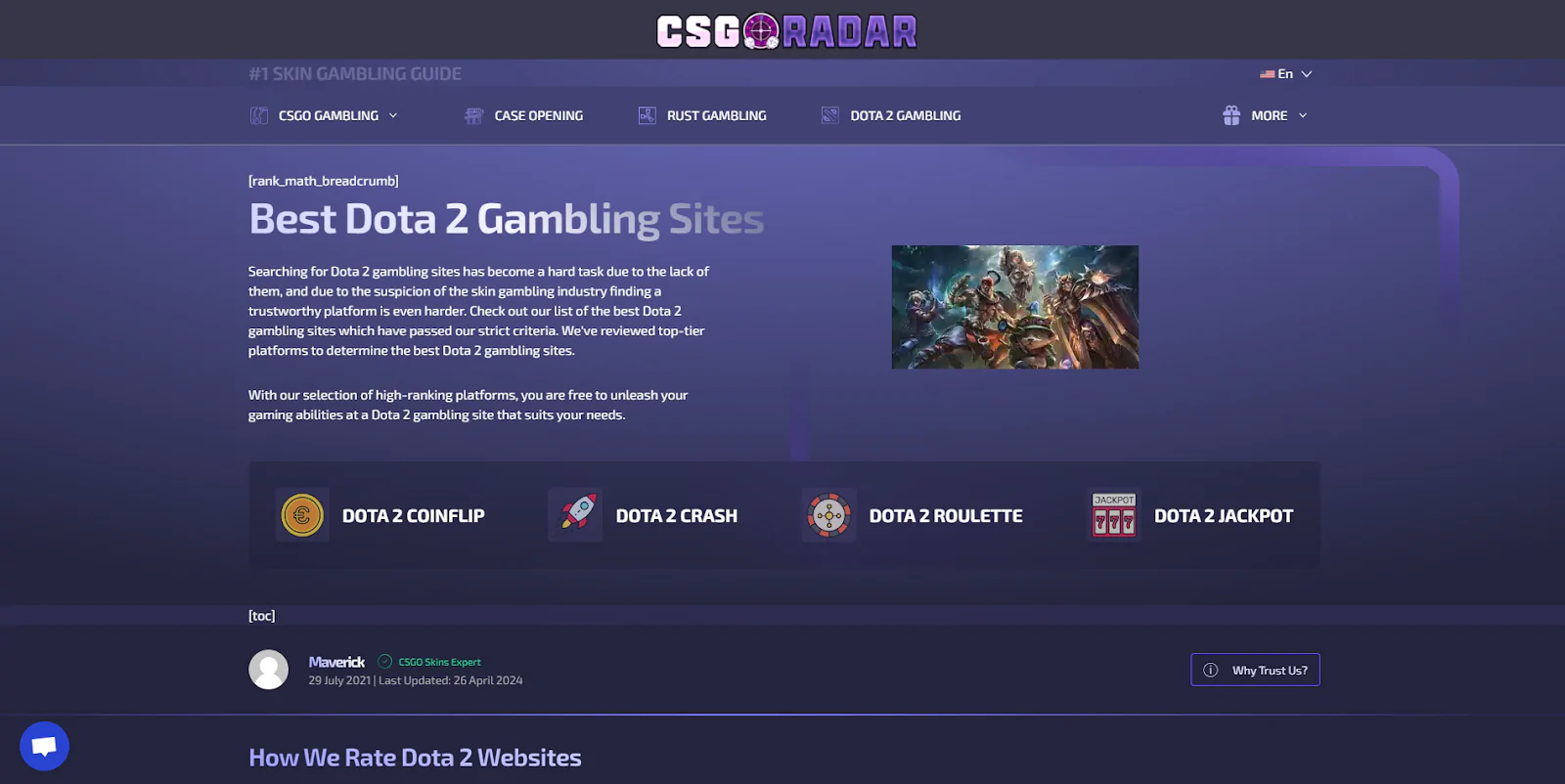 A photo of CSGO Radar website showcasing the best Dota 2 gambling sites.