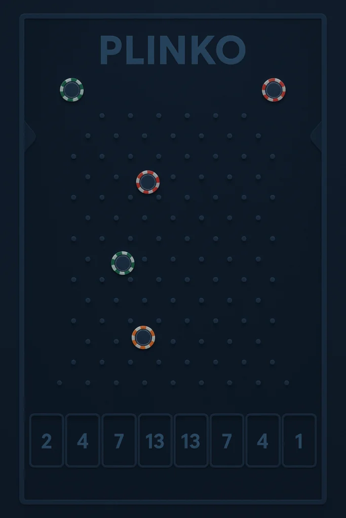 A visual representation of a CS2 Plinko gambling game board with chips falling.